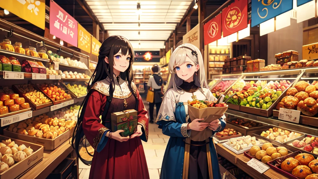 Fantasy World,Bard,Shopping happily,smile,((Highest quality)), ((masterpiece)), (Familiar), Perfect Face,Medieval European World,Shopping at the food stalls,warm color