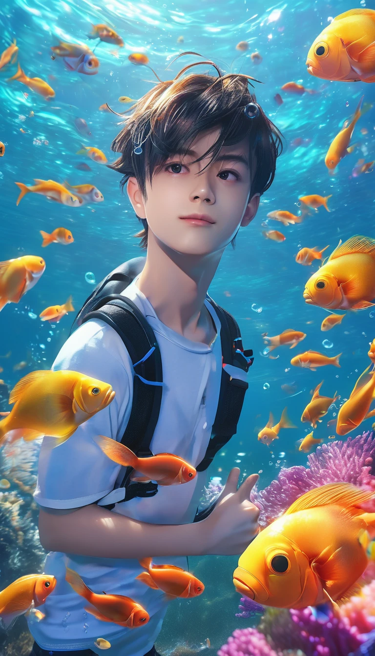 ((cpchann)), ((best quality)), ((work of art)), (super detail: 1.2), (High definition: 1.3), (Professional photography: 1.2), (cinematic lighting), ( looking at another), ahoge, (smug), (ultra detailed), (selfie pose), 1boy, full body, ((in the sea)), (surrounded by beautiful fish), colorful bubble, marine nature, perfect environment, brightness, (sharp focus), (perfect light),
