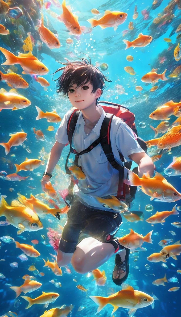 ((cpchann)), ((best quality)), ((work of art)), (super detail: 1.2), (High definition: 1.3), (Professional photography: 1.2), (cinematic lighting), ( looking at another), ahoge, (smug), (ultra detailed), (selfie pose), 1boy, full body, ((in the sea)), (surrounded by beautiful fish), colorful bubble, marine nature, perfect environment, brightness, (sharp focus), (perfect light),