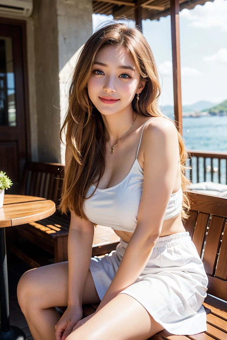 Height: 170cm, 30 years old、Save this image、Pale face and eyes:1.3、薄くてPale face and eyes:1.3, Blue eyes:1.3、{highest quality}, {{masterpiece}}, {Very delicate and beautiful}, Extraordinary light and shadow, Highly detailed wallpaper, Sunny and bright, whole body, whole body、 1 girl, , blush:1.2、Shaggy blonde long hair:1.5、Cut your bangs evenly at eyebrow height:1.5、Dark eyeliner、Thick eyebrows、Strong sunlight:1.3, Preserve face images), Pale face:1.3、Super thin face:1.3, (very big eyes:1.5)、 (blown eyes:1.5), master piece、Golden Ratio、8k, {highest quality}, {{masterpiece}}, {very delicate and beautiful}, outstanding light and shadow, highly detailed wallpaper, clear and bright sunlight, (((Full body))), 1 girl, blush、(薄い茶colourの髪), strong sunlight, ((a strong light shines on your face)), colour々A pose:1.5, necklace、ring、earrings、BREAK (( (Terrace seating at a cafe with a sea view), , Oversized organic cotton muscle tee, Tencel lyocell midi slip skirt, plant-based leather huarache sandals, fair-trade raffia tote bag, biodegradable acetate geometic sunglasses, (Toothless smile:1,5)、 Delicate Hair,Realistic skin texture, B cup breasts、Visible wrinkles on the skin., Broad shoulders:1.5, ((A strong light shines on your face:1.5)), Posing with her hair up:1.5, necklace、ring、earrings、(Smiling with teeth showing:1,5)、Street corner cafe background:1.5, Ray Tracing、
