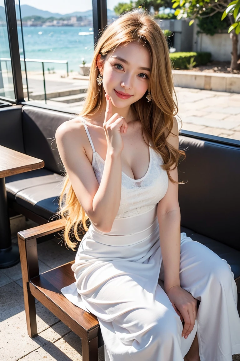 Height: 170cm, 30 years old、Save this image、Pale face and eyes:1.3、薄くてPale face and eyes:1.3, Blue eyes:1.3、{highest quality}, {{masterpiece}}, {Very delicate and beautiful}, Extraordinary light and shadow, Highly detailed wallpaper, Sunny and bright, whole body, whole body、 1 girl, , blush:1.2、Shaggy blonde long hair:1.5、Cut your bangs evenly at eyebrow height:1.5、Dark eyeliner、Thick eyebrows、Strong sunlight:1.3, Preserve face images), Pale face:1.3、Super thin face:1.3, (very big eyes:1.5)、 (blown eyes:1.5), master piece、Golden Ratio、8k, {highest quality}, {{masterpiece}}, {very delicate and beautiful}, outstanding light and shadow, highly detailed wallpaper, clear and bright sunlight, (((Full body))), 1 girl, blush、(薄い茶colourの髪), strong sunlight, ((a strong light shines on your face)), colour々A pose:1.5, necklace、ring、earrings、BREAK (( (Terrace seating at a cafe with a sea view), , Oversized organic cotton muscle tee, Tencel lyocell midi slip skirt, plant-based leather huarache sandals, fair-trade raffia tote bag, biodegradable acetate geometic sunglasses, (Toothless smile:1,5)、 Delicate Hair,Realistic skin texture, B cup breasts、Visible wrinkles on the skin., Broad shoulders:1.5, ((A strong light shines on your face:1.5)), Posing with her hair up:1.5, necklace、ring、earrings、(Smiling with teeth showing:1,5)、Street corner cafe background:1.5, Ray Tracing、