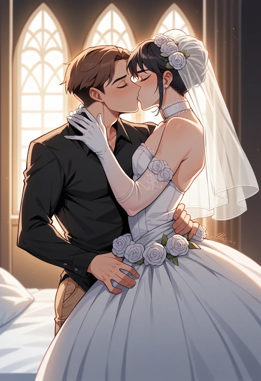 /imagine wedding, a realistic intricately detailed beautiful trans androgynous person , , wearing a long sleeved turtle necked Samara weaving lace sockings , sexy outfit, wedding gown with a long veil and a long monarch train and a realistic intricately detailed , and handsome man cut hairstyle brown short hair, he is wearing a black goth shirt collar with a black shirt ,gloves, collar, hood, standing on a wedding bed featuring floral designs and decorations in the background : cinematic lighting, dynamic lighting, photography, hyper realistic, ultra HD resolution, dynamic lighting blends with natural light, broad Aspect ratio, kissing flirting,