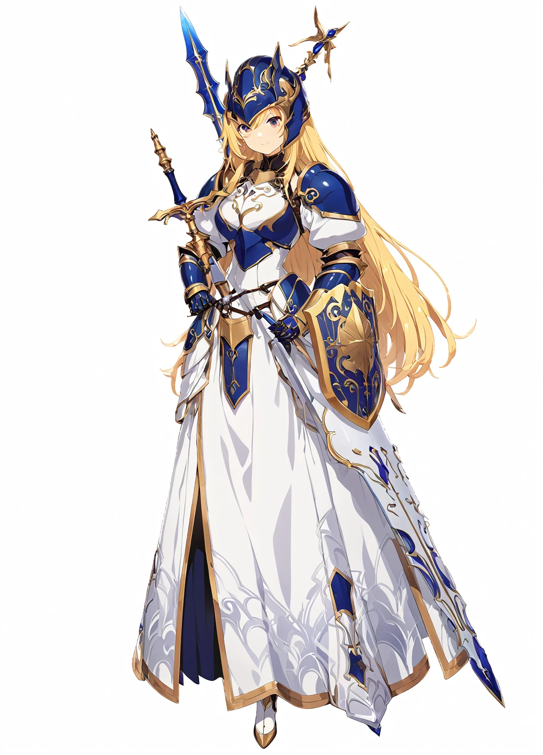 high quality, high resolution, high qualityのゲームアートスタイル, whole body,valkyrie,perfect hand,Official Art, Smooth game CG art, Visual Novel Sprites, White background,Smooth game CG art, (((Woman with a long spear))),Woman wearing a white dress and blue armor, An intricately designed helmet with white feathers,Small shield, (((In his right hand he holds an elaborate long spear))),Exquisite Blue Armor,Golden Hair, long hair, female knight, Rin々Shii,Large Bust,20-year-old,