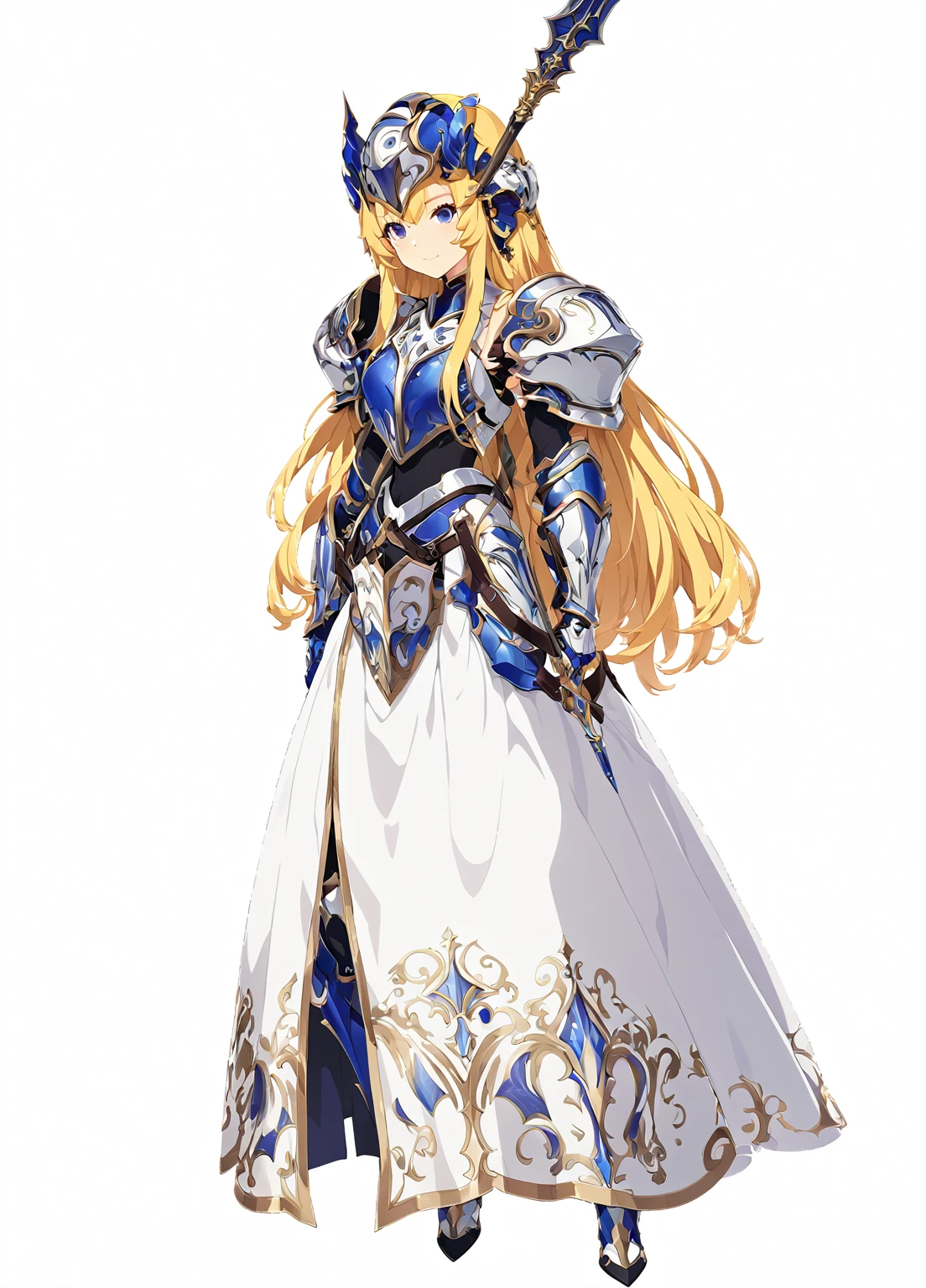 high quality, high resolution, high qualityのゲームアートスタイル, whole body,valkyrie,perfect hand,Official Art, Smooth game CG art, Visual Novel Sprites, White background,Smooth game CG art, (((Woman with a long spear))),Woman wearing a white dress and blue armor, An intricately designed helmet with white feathers,Small shield, (((In his right hand he holds an elaborate long spear))),Exquisite Blue Armor,Golden Hair, long hair, female knight, Rin々Shii,Large Bust,20-year-old,