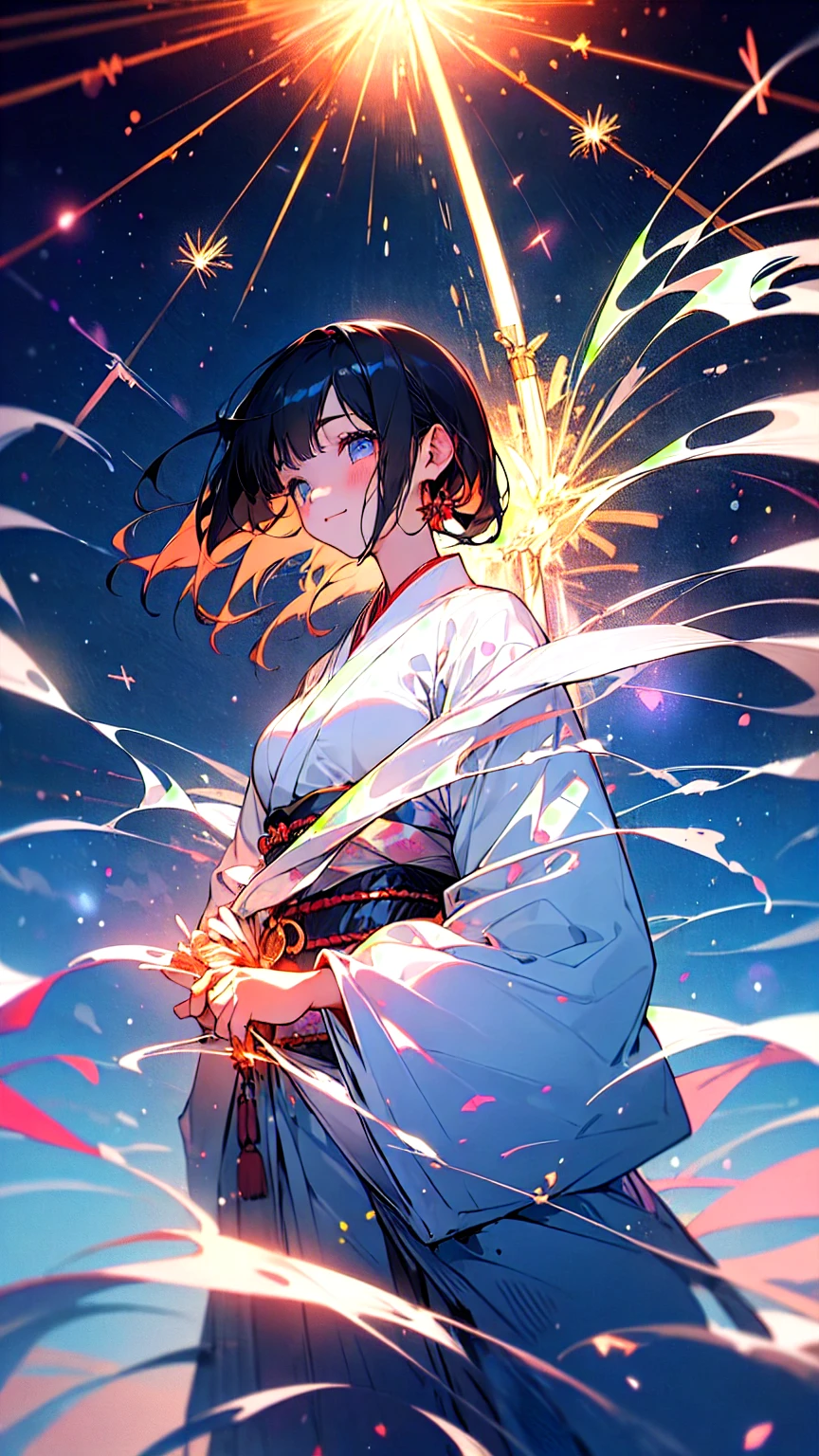 (beautifully、aesthetic:1.2)、(1 Girl:1.3)、(Black Hair:1.2)、Japanese clothing、miracle、happinessそうな笑顔、like、happiness、Great space、night、Fireworks space、Fantastic space、fireworks are in full bloom、