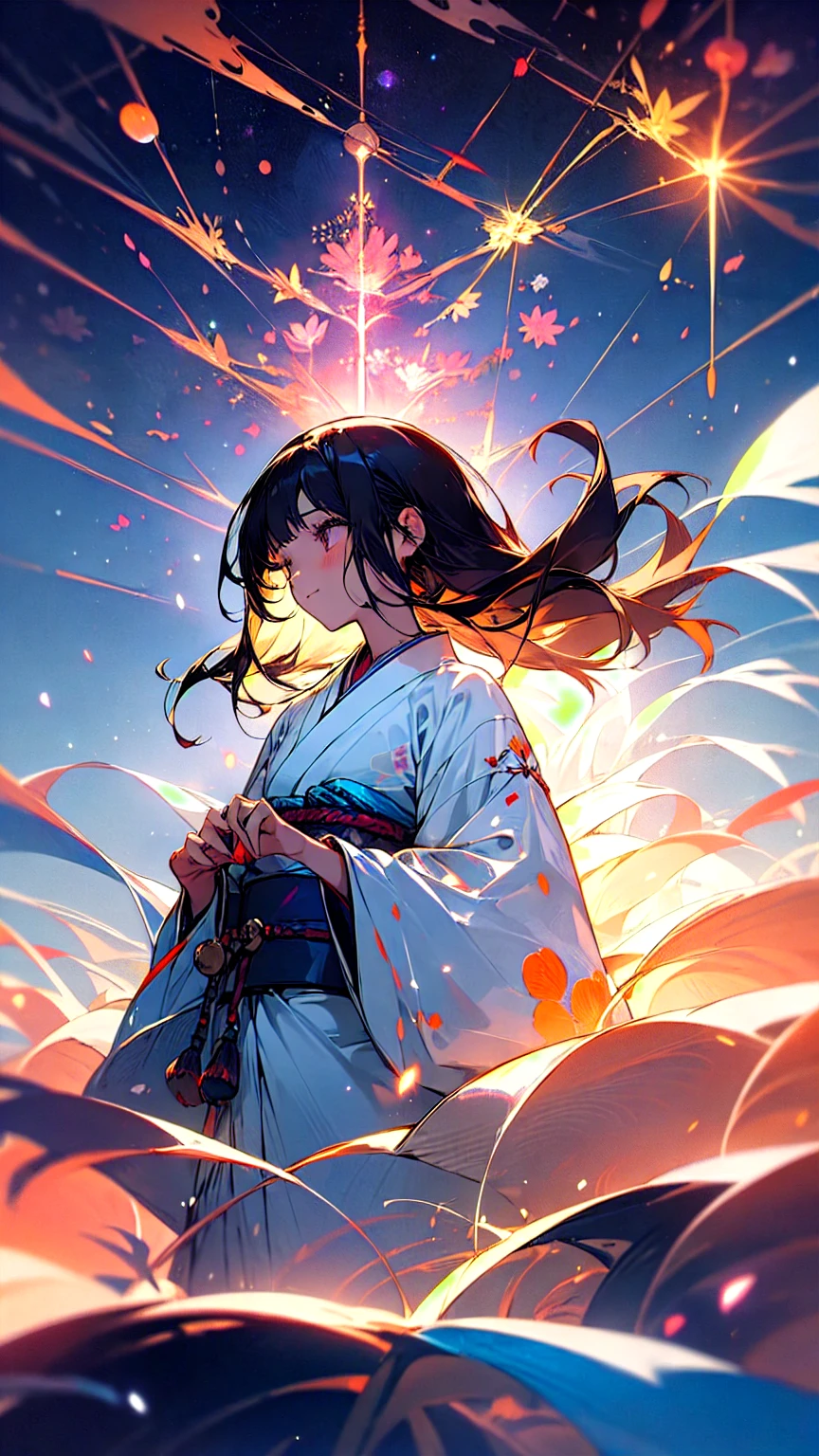 (beautifully、aesthetic:1.2)、(1 Girl:1.3)、(Black Hair:1.2)、Japanese clothing、miracle、happinessそうな笑顔、like、happiness、Great space、night、Fireworks space、Fantastic space、fireworks are in full bloom、