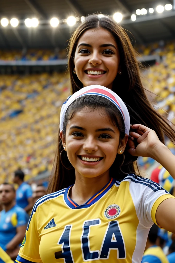 Cheerful young woman with Colombia t-shirt in the packed stadium with the name Mafer on the back