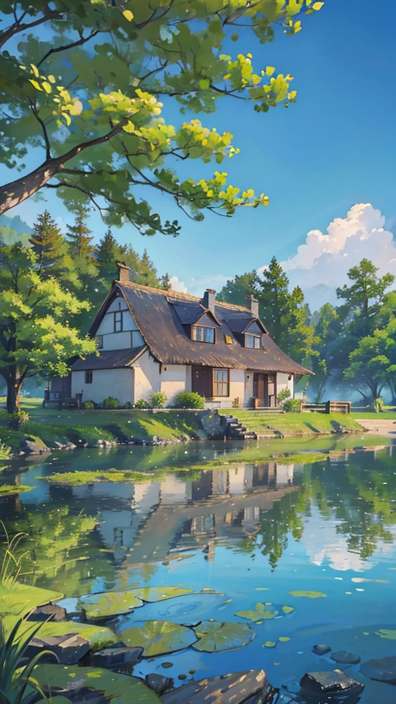 a painting of a house with a thatched roof and a boat in the water, idyllic cottage, anime countryside landscape, very beautiful scenery, detailed painting 4 k, scenery wallpaper, peaceful landscape, cottagecore!!, detailed scenery —width 672, scenery art detailed, beautiful anime scenery, cottage town, scenery artwork, anime scenery
