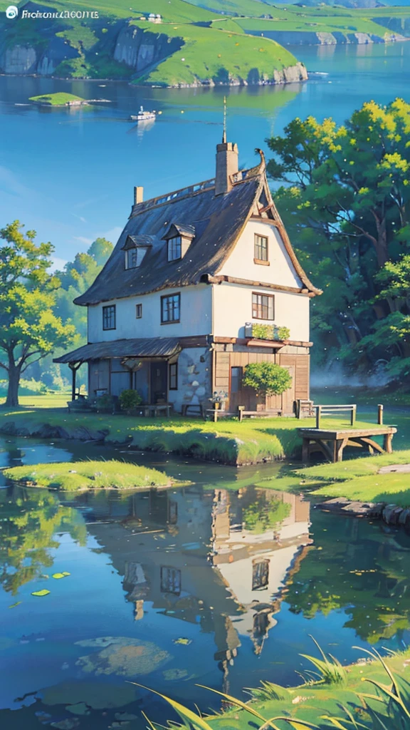 a painting of a house with a thatched roof and a boat in the water, idyllic cottage, anime countryside landscape, very beautiful scenery, detailed painting 4 k, scenery wallpaper, peaceful landscape, cottagecore!!, detailed scenery —width 672, scenery art detailed, beautiful anime scenery, cottage town, scenery artwork, anime scenery