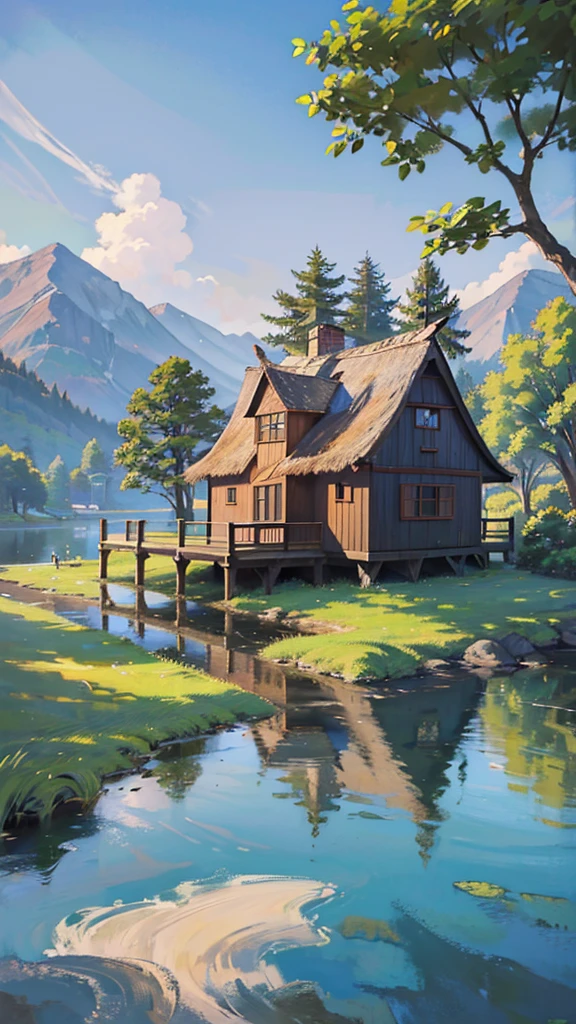 a painting of a house with a thatched roof and a boat in the water, idyllic cottage, anime countryside landscape, very beautiful scenery, detailed painting 4 k, scenery wallpaper, peaceful landscape, cottagecore!!, detailed scenery —width 672, scenery art detailed, beautiful anime scenery, cottage town, scenery artwork, anime scenery