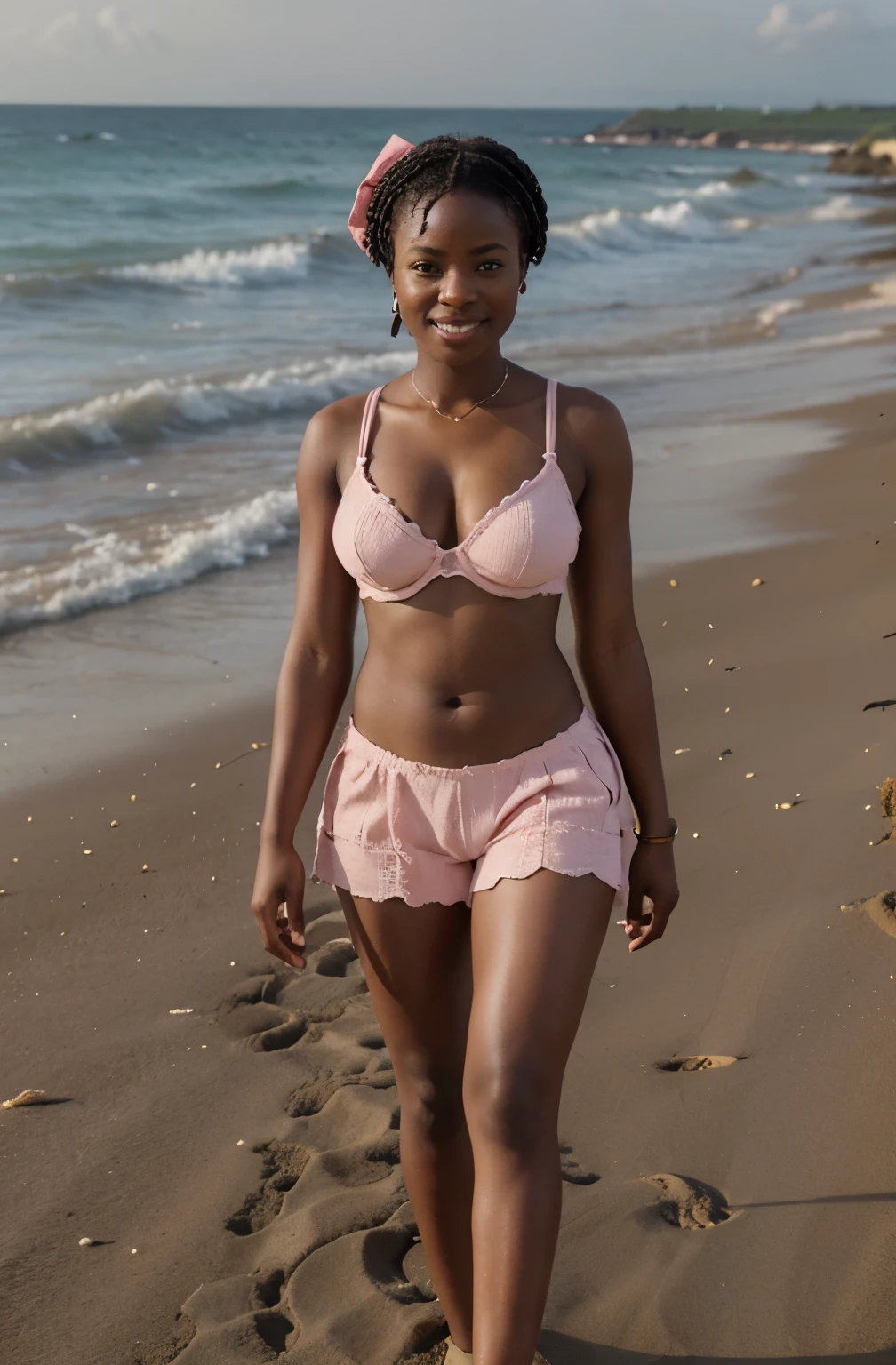 Create a realistic depiction of an African lady who is smartly dressed in beautiful crotchet short and bra, in a beach standing on the sand . Her outfit should prominently feature light pink color . She should have a very thick build and appear realistic, she should be smiling. Her fingers should be realistc.