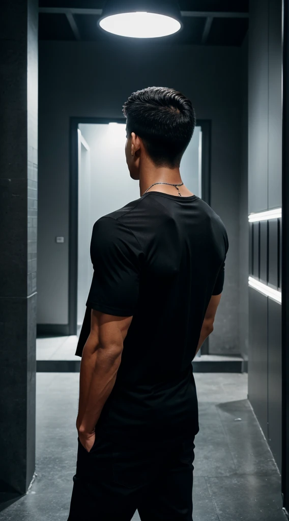 1boy, tall muscular, wearing black tshirt, standing in building, standing in dark place, looking at night city, night time, beautiful night city view, back side view