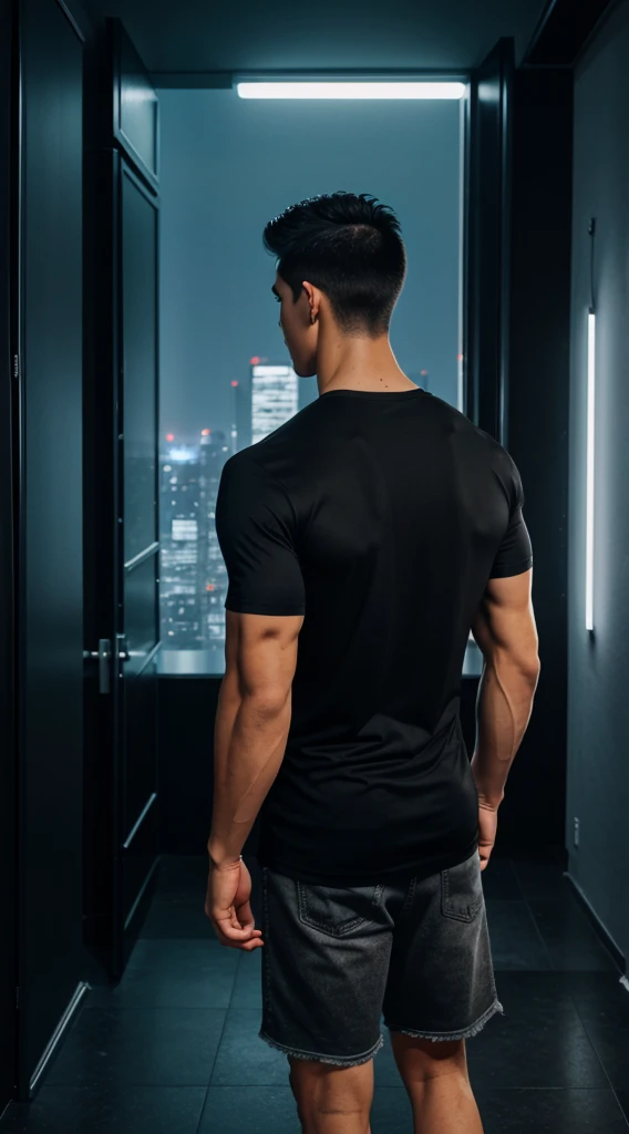1boy, tall muscular, wearing black tshirt, standing in building, standing in dark place, looking at night city, night time, beautiful night city view, back side view