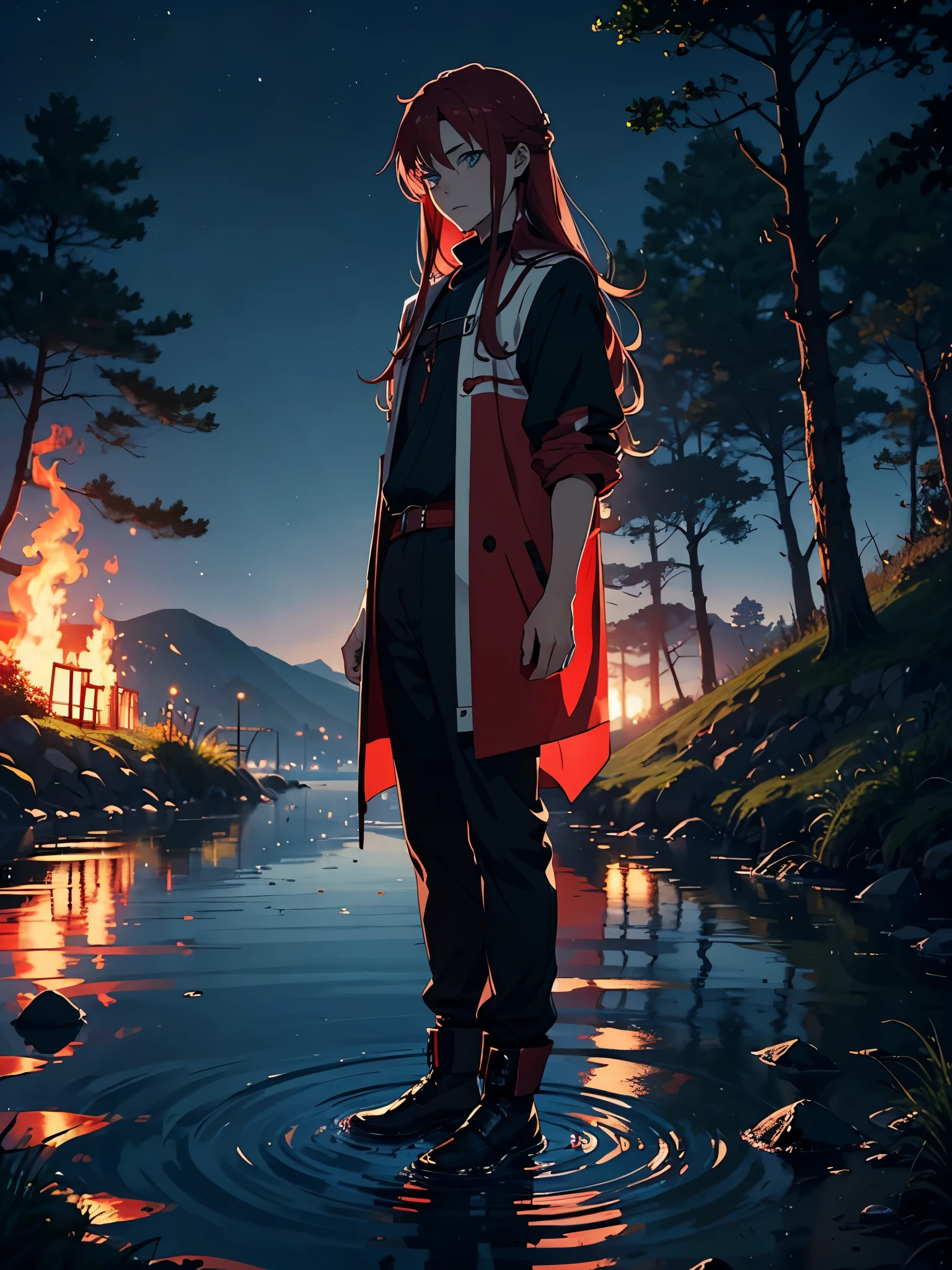 soft. More anime. Standing in a lake. More anime. More 2D. Clean. More anime. 2d. Glow. Red hair. More anime. male. Long hair. long red hair. boy, vikings. red hair. Blue eyes. fire.