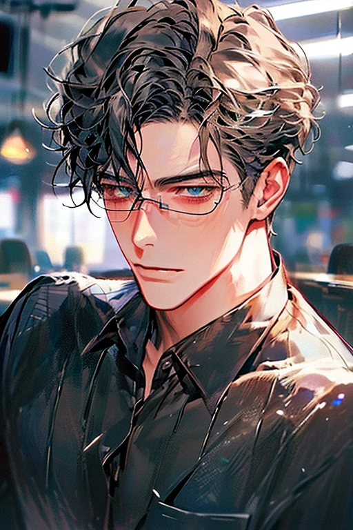 (Best Quality,4k,8k,high resolution,Masterpiece:1.2),ultra detailed,(realist,photorealist,photo-realist:1.37),1 man,31 years,mature man,very handsome,without expresion,muscled body,short gray black hair,Blue eyes,glare,perfect face without mistakes,imposing posture,businessman,office background,cinematic lighting,imagen HDR