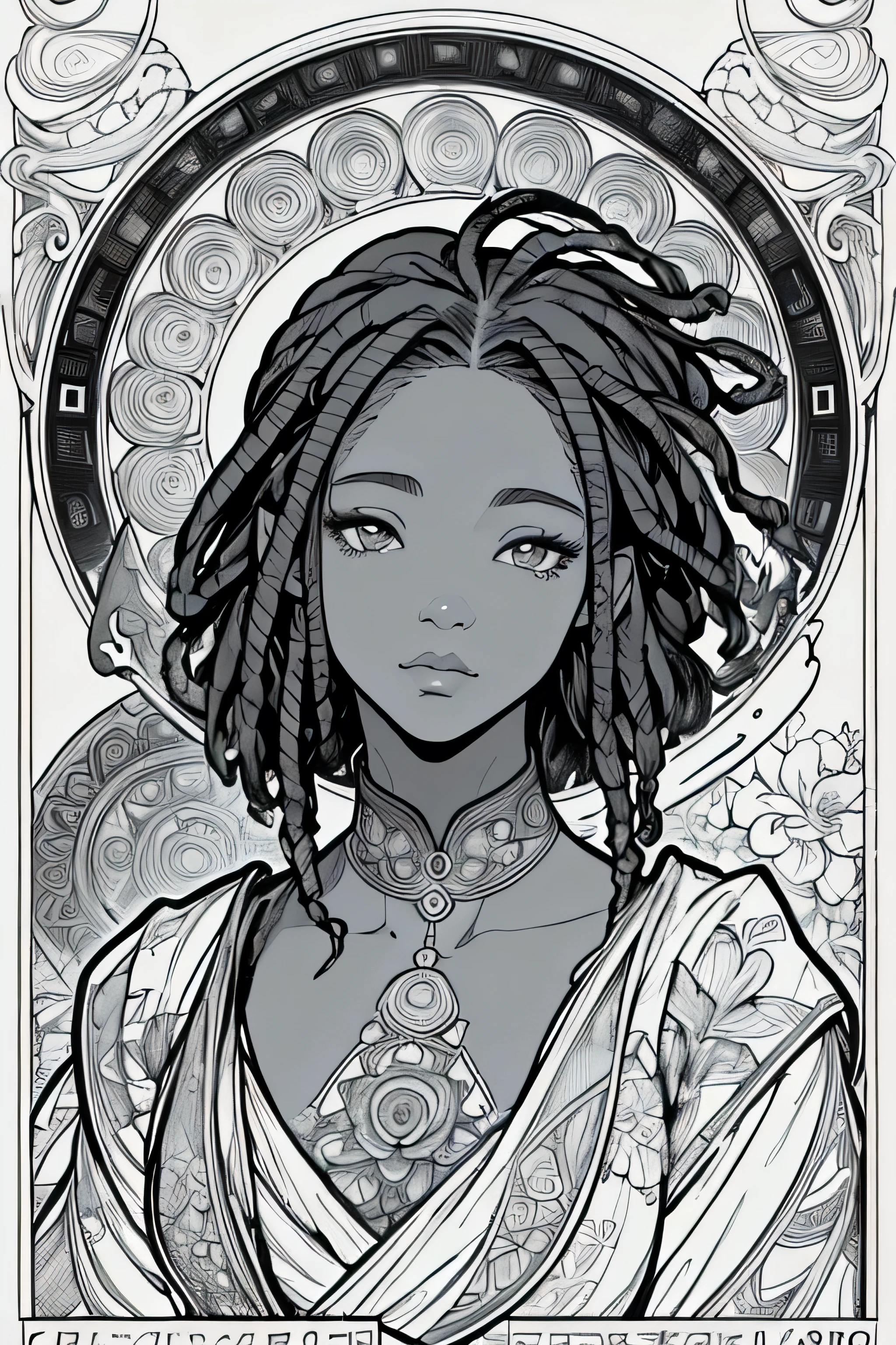 Black man face portrait、short hair and dreads、loiraoldura floral、decorative panel、abstract art by Alphonse Mucha、sketched、Character Line、Scenes without color or shadows。 (Masterpiece artwork、maximum quality、high resolution:1.4)、detaileds、detaileds intrincados、4K、color splashing、line art、fibonacci、