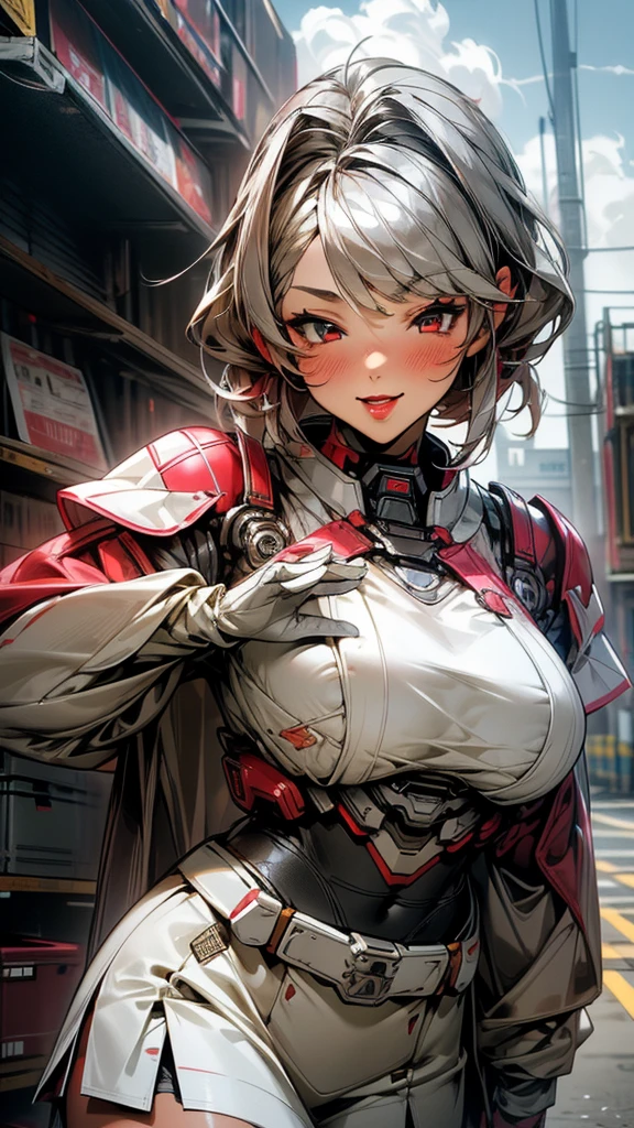 8k，best quality，masterpiece，Very detailed，Semi-realistic，a girl，White off-shoulder top，White gloves，White and red striped tight skirt，Silver wavy short hairstyle，Red eyeakeup Eyeshadow，Lipstick，Smile，science fiction apocalypse，Fighter warehouse，chest mecha，Large Breasts，Ears with sky wire，Arm mecha