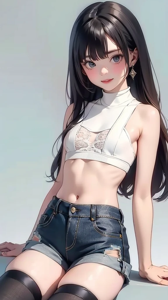 4K, masterpiece, 8K, high quality, 最high quality,10歳のLovely少等生, Very white skin, Brown long hair，A little bit，Low length，freckle，Sparse eyebrows，Straight bangs，(flat chest) ，Feminization, tilt, elegant, elegant, Lovely, Smile, Lovely, , belly button, Lift-off denim low-rise mini skirt, ((Black knee socks)), (Ugly clothes)、((Gray background))