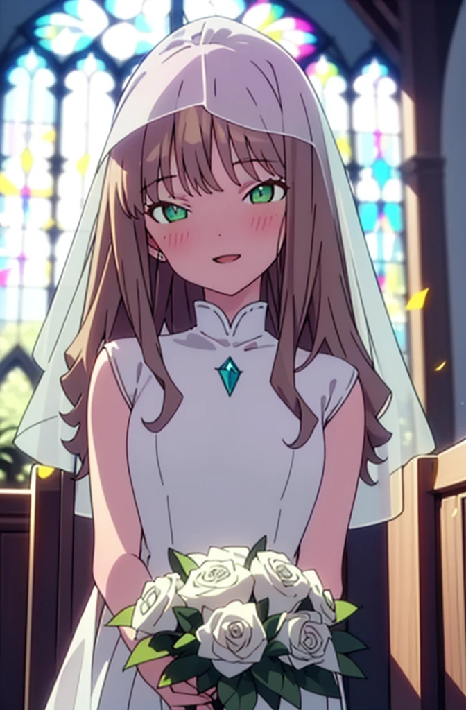 minami yume ,sss Dynazenon ,Long Hair, Brown Hair, (Green Eyes:1.5) ,blush,happy smile, smile, Open your mouth,Wedding dress,Veil,bouquet, break looking at viewer, whole body,(Cowboy Shot:1. 5) break indoors, Chapel,church, break (masterpiece:1.2), Highest quality, High resolution, unity 8k wallpaper, (shape:0.8), (Beautiful attention to detail:1.6), Highly detailed face, Perfect lighting, Highly detailed CG, (Perfect hands, Perfect Anatomy),