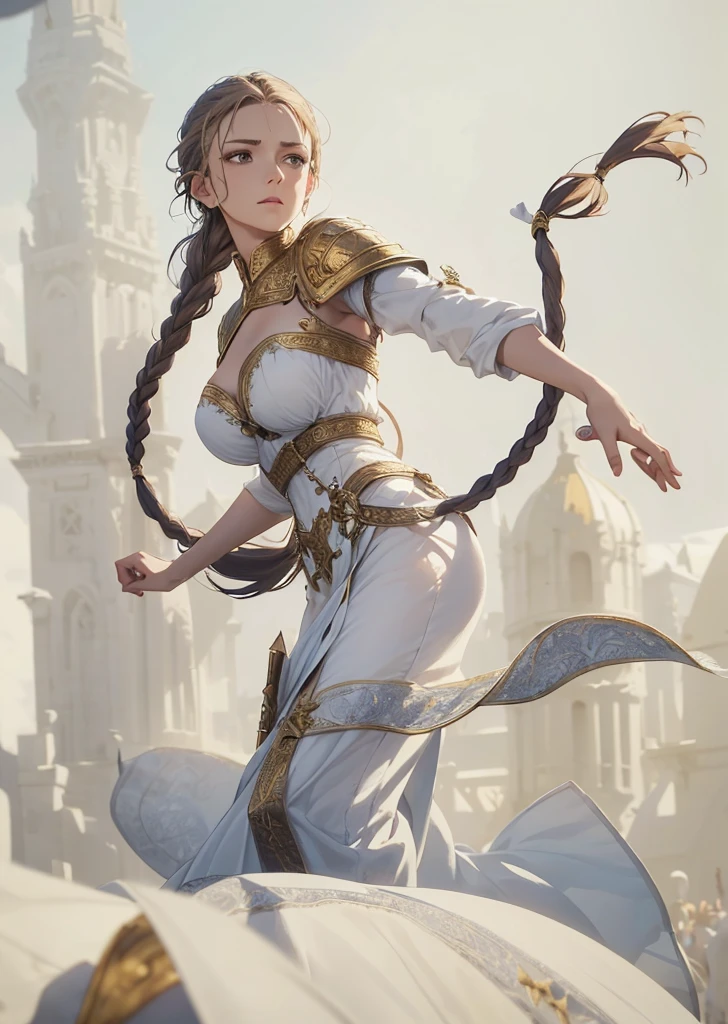 a woman with long braided hair, her hair with a sharp blade at the end, wearing white clothes with golden details, medieval rpg fantasy, heroic pose, (best quality,4k,8k,highres,masterpiece:1.2),ultra-detailed,(realistic,photorealistic,photo-realistic:1.37),intricate details,highly detailed facial features,detailed braided hair,detailed white dress with golden accents, medieval setting, cinematic lighting,dramatic shadows,warm color palette,heroic action pose, arena background 