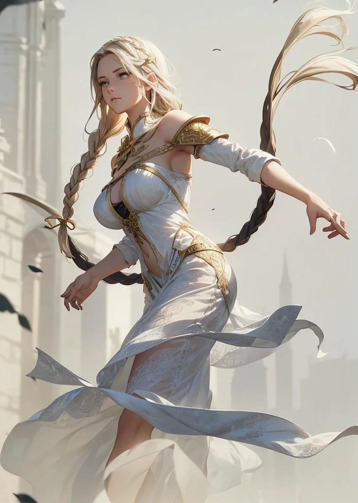 a woman with long braided hair, her hair with a sharp blade at the end, wearing white clothes with golden details, medieval rpg fantasy, heroic pose, (best quality,4k,8k,highres,masterpiece:1.2),ultra-detailed,(realistic,photorealistic,photo-realistic:1.37),intricate details,highly detailed facial features,detailed braided hair,detailed white dress with golden accents, medieval setting, cinematic lighting,dramatic shadows,warm color palette,heroic action pose, arena background