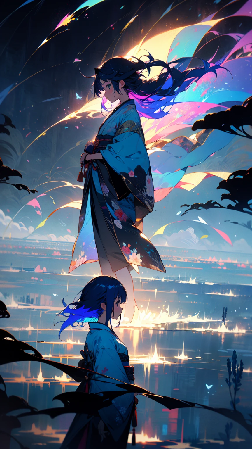 Japanese clothing、woman、Floral、night、Best image quality、Fantasy、Landscape painting、mystery、firework、Fantasyな風景、(Beautiful and aesthetic:1.2)、(1 Girl:1.3)、(Black and blue colorful hair:1.2)、