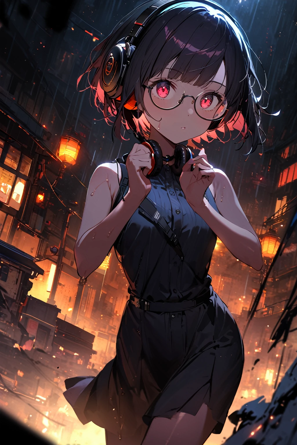 (extremely detailed fine touch:1.3), (((semi-rimless round eyewear:1.3))), (headphone:1.2), short hair, blunt bangs, 1girl, solo, full body, bare arms, from below, glow eyes, Dark rain, wet skin, black skin, Dark background