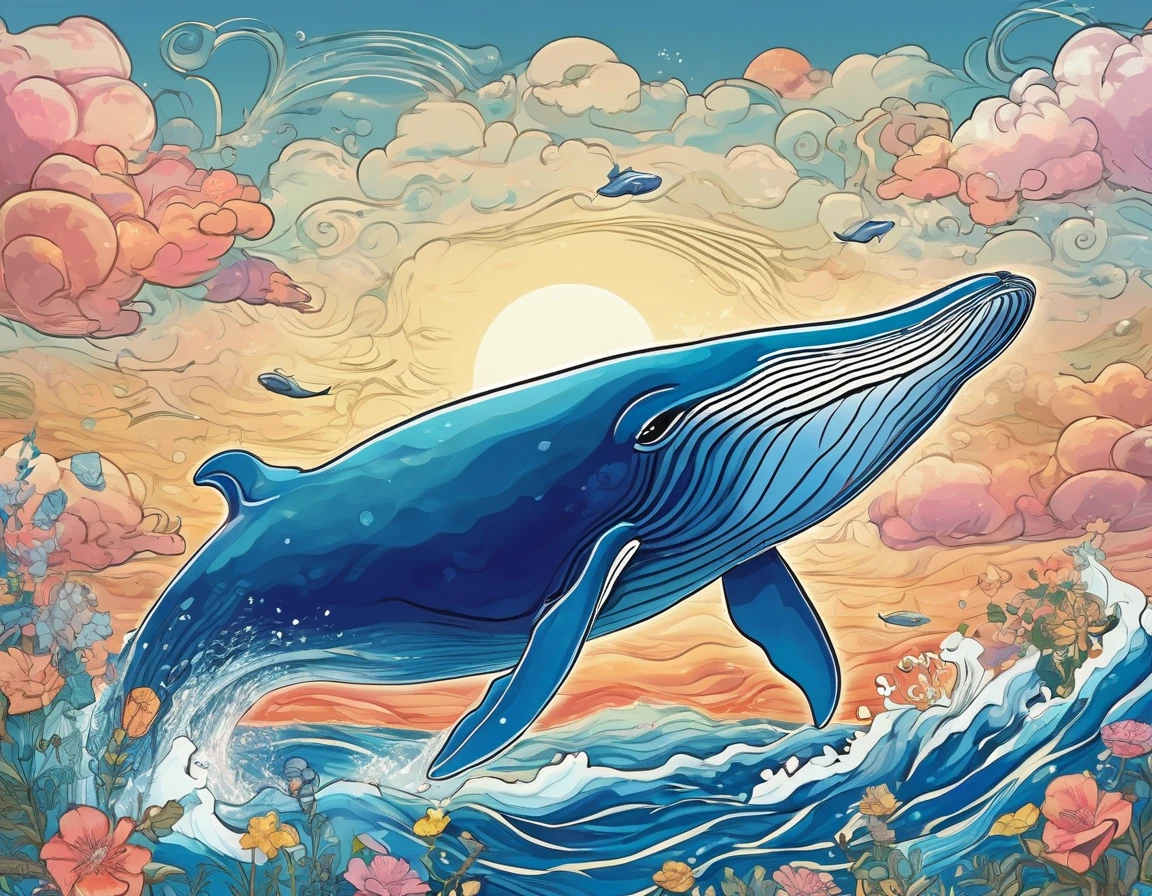 Beautiful and whimsical floral whale flying in the sky、Stunning sunrise、Detailed Clouds、Surrounded by delicate contours、アウトサイダーアートの美学を備えた魅力的なVintage Comicsスタイルで描かれています。(Highest quality、4K、8k、High resolution、masterpiece:1.2)、Super detailed、(Real、Photorealistic、Photorealistic:1.37)、Highly detailed whale、detailed cloudy sky、Detailed sunrise、Delicate line drawing、cute、Children&#39;s illustration style、Vintage Comics、Bright colors、Cinematic lighting