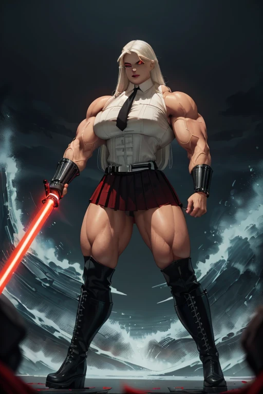 ((Massive tall, beautiful, buff, light brown skinned muscular female Sith Lord with white hair, black lipstick, ginormous bulky muscles, carrying a red lightsaber and wearing a black pleated shirt with beautiful long pleated skirt)), (((close view))), hyper muscles, (massive muscles), long straight hair, (((glowing red eyes))), red eyes, choker, ((black pleated shirt and tie)), neck tie, ((beautiful long pleated skirt)), belt, thigh high socks, black boots, (in front of a dark city tidal wave), closed smile, night, (massive arms)