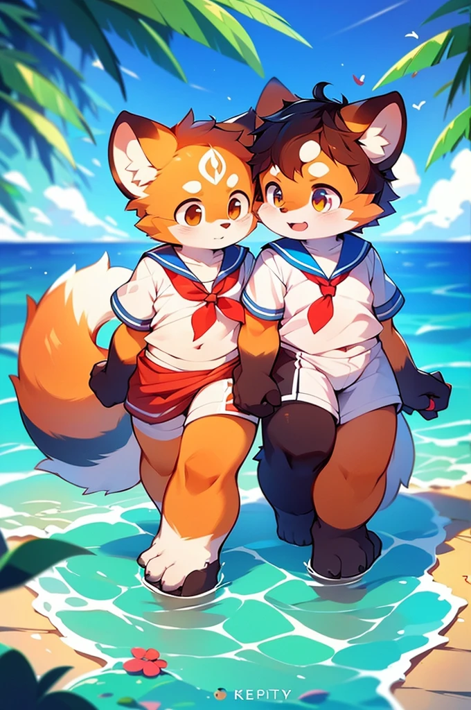 Red Panda Boy,8k resolution,Furry,          Ocean,Sailor uniform,Red collar,Two legs,Stand on your feet！                Two friends,Walking hand in hand