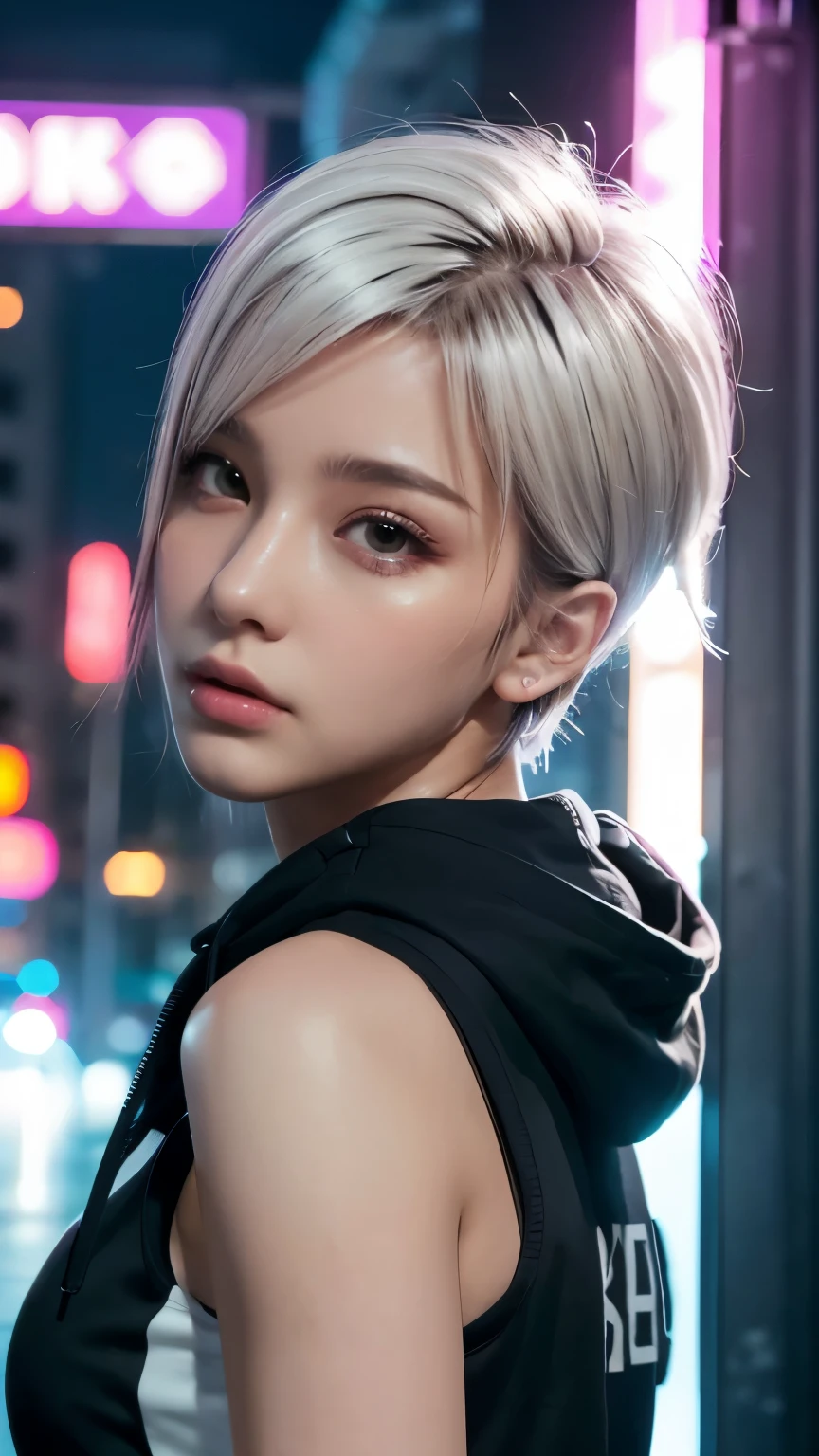 masterpiece, Highest quality, Very detailed, 8k, Realistic, One Girl, alone, Tomboy, Very detailed face, (head shot:1.5), Cyberpunk neon lit futuristic city、Neon lights illuminate the scene, at night, Cyberpunk art, 32K, Ultra HD, Unreal Engine Rendering, Cinema Lighting,Pixie cut white hair, He is wearing a short tank top and an open-zipped hoodie.....,I can see your chest,Nice ass,Wear a New Era cap