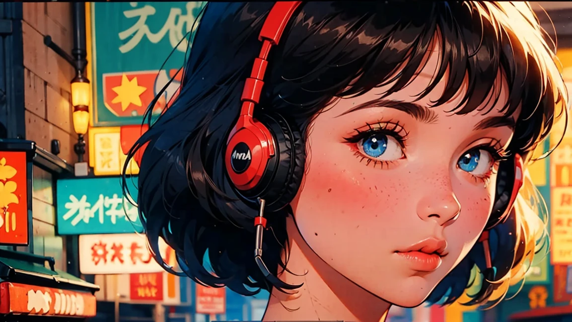 (artwork:1.2), (highest quality:1.2), ultra-high resolution, super detailed, perfect lighting, GIRL WITH DETAILED FACE WITH FACE FORWARD, SHORT HAIR, BLUE EYES, small AND ROUNDED nose, 80s anime style GIRL , HEADPHONES, FACE CLOSE UP, RECORD PLAYER,HOLDING A RECORD IN HAND, RECORD STORE