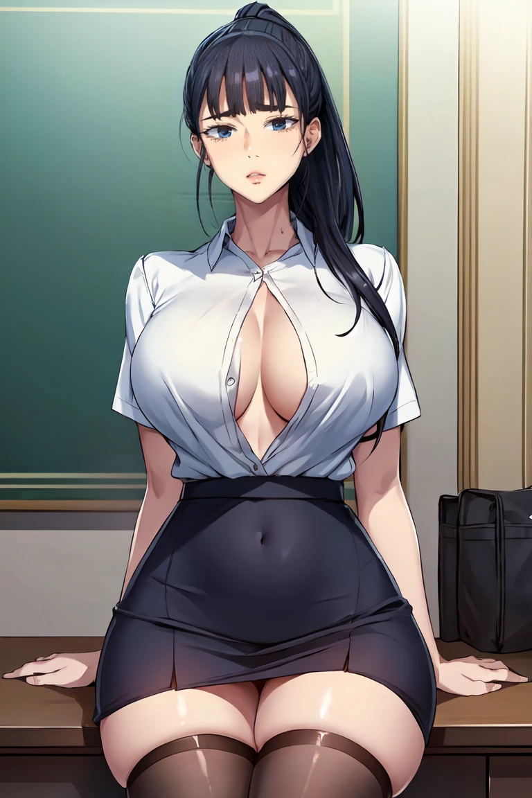 score_9, score_8_up, score_7_up, score_6_up, score_5_up, score_4_up, (8k, RAW photo, best quality, masterpiece:1.2), front view detailed body, long belly, big , Slender body, tight body , thicc ,medium breast , long thighs, muscular woman, JooRidef, black hair, long hair, blue eyes, large breasts, 
1girl, solo, looking at viewer,white shirt, crop shirt, navel, unbutton, skirt, pencil skirt, stockings, suit, office lady, pony tails, sitting cross-legged at the table