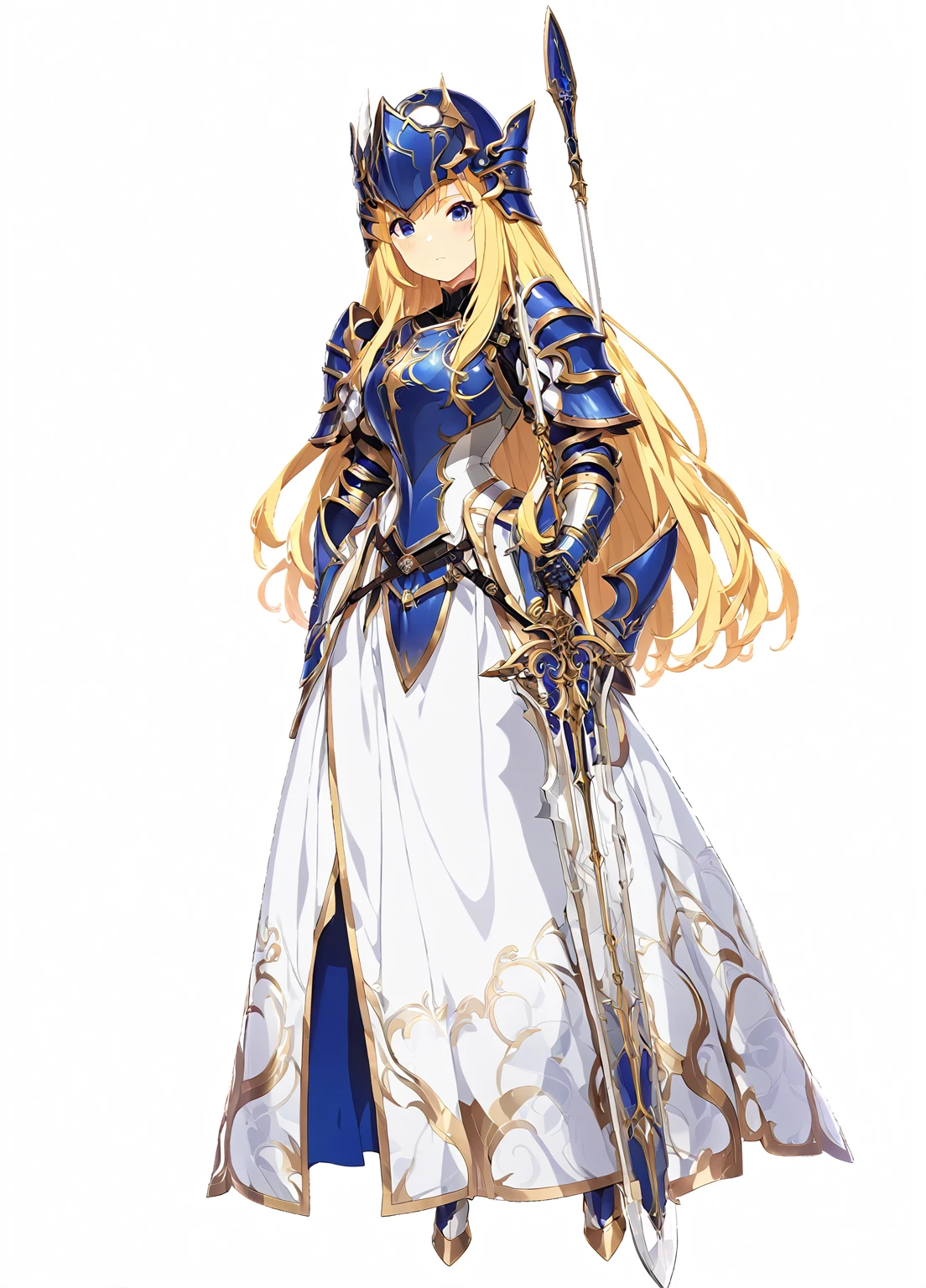 high quality, high resolution, high qualityのゲームアートスタイル, whole body,valkyrie,perfect hand,Official Art, Smooth game CG art, Visual Novel Sprites, White background,Smooth game CG art, (((Woman with a long spear))),Woman wearing a white dress and blue armor, An intricately designed helmet with white feathers,Small shield, (((In his right hand he holds an elaborate long spear))),Exquisite Blue Armor,Golden Hair, long hair, female knight, Rin々Shii,Large Bust,20-year-old,