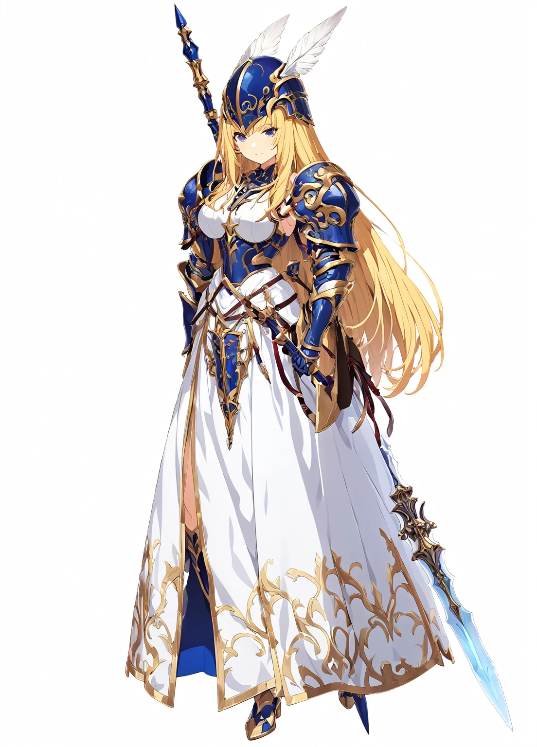 high quality, high resolution, high qualityのゲームアートスタイル, whole body,valkyrie,perfect hand,Official Art, Smooth game CG art, Visual Novel Sprites, White background,Smooth game CG art, (((Woman with a long spear))),Woman wearing a white dress and blue armor, An intricately designed helmet with white feathers,Small shield, (((In his right hand he holds an elaborate long spear))),Exquisite Blue Armor,Golden Hair, long hair, female knight, Rin々Shii,Large Bust,20-year-old,