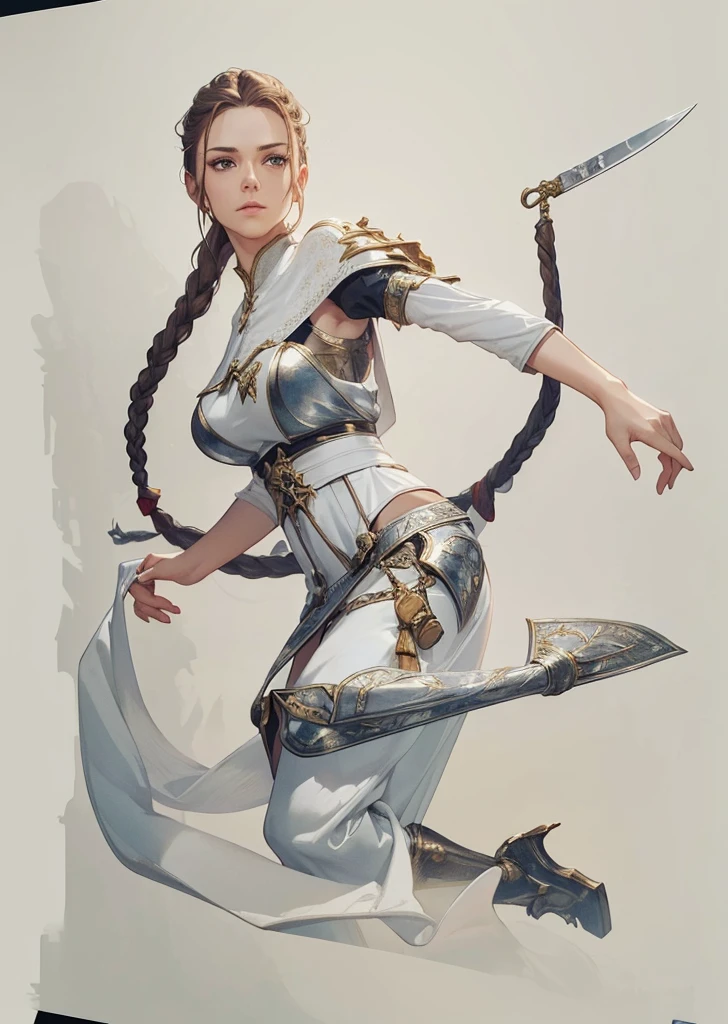 a woman with long braided hair, her hair with a sharp blade at the end, wearing white clothes with golden details, medieval rpg fantasy, heroic pose, (best quality,4k,8k,highres,masterpiece:1.2),ultra-detailed,(realistic,photorealistic,photo-realistic:1.37),intricate details,highly detailed facial features,detailed braided hair,detailed white dress with golden accents, medieval setting, cinematic lighting,dramatic shadows,warm color palette,heroic action pose, arena background