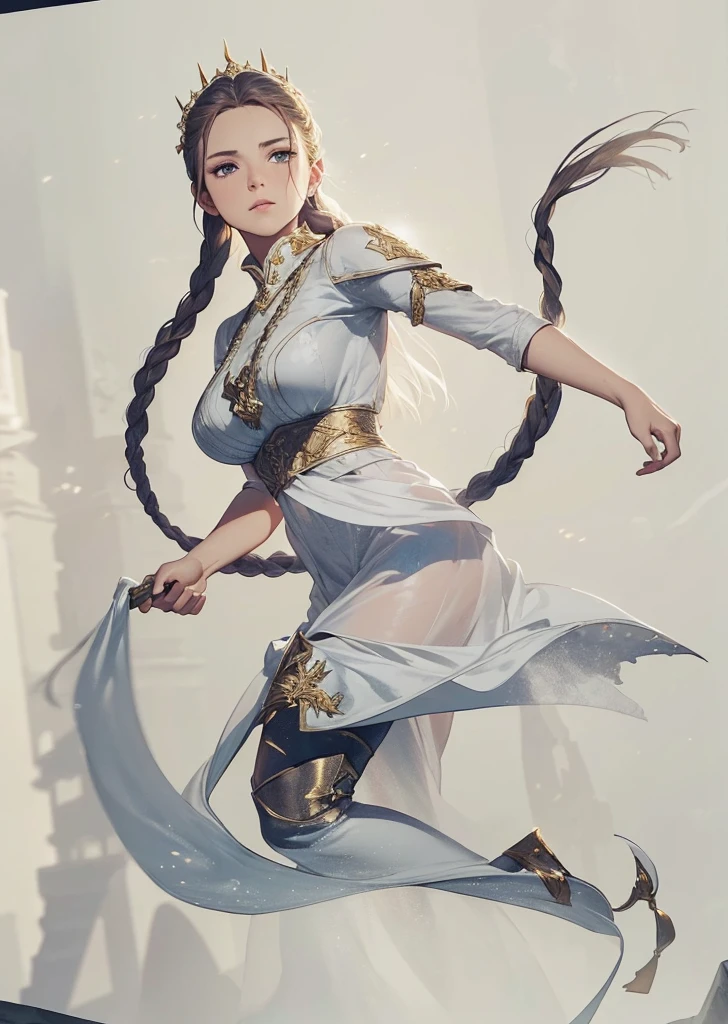 a woman with long braided hair, her hair with a sharp blade at the end, wearing white clothes with golden details, medieval rpg fantasy, heroic pose, (best quality,4k,8k,highres,masterpiece:1.2),ultra-detailed,(realistic,photorealistic,photo-realistic:1.37),intricate details,highly detailed facial features,detailed braided hair,detailed white dress with golden accents, medieval setting, cinematic lighting,dramatic shadows,warm color palette,heroic action pose, arena background
