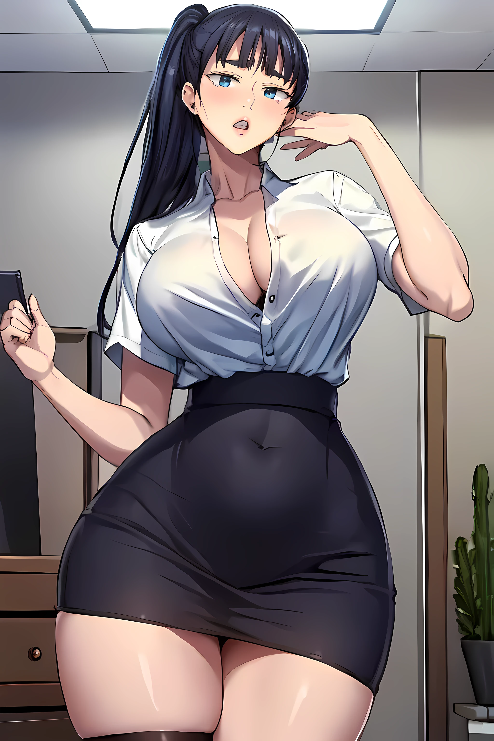 score_9, score_8_up, score_7_up, score_6_up, score_5_up, score_4_up, (8k, RAW photo, best quality, masterpiece:1.2), front view detailed body, long belly, big , Slender body, tight body , thicc ,medium breast , long thighs, muscular woman, JooRidef, black hair, long hair, blue eyes, large breasts, 
1girl, solo, looking at viewer,white shirt, crop shirt, navel, unbutton, skirt, pencil skirt, stockings, suit, office lady, pony tails