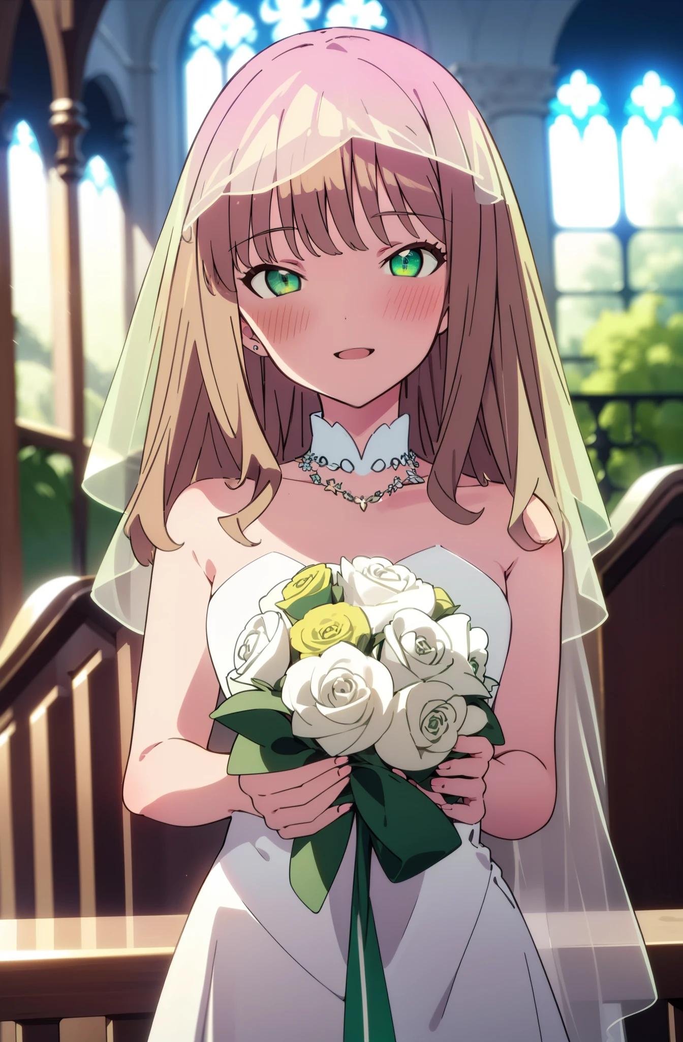 minami yume ,sss Dynazenon ,Long Hair, Brown Hair, (Green Eyes:1.5) ,blush,happy smile, smile, Open your mouth,Wedding dress,Veil,bouquet,　　　　　　　　　　　　break looking at viewer, whole body,(Cowboy Shot:1. 5) 　　　　　　　　　　　　　　　　　　　break indoors, Chapel,church, 　　　　　　　　　　　break (masterpiece:1.2), Highest quality, High resolution, unity 8k wallpaper, (shape:0.8), (Beautiful attention to detail:1.6), Highly detailed face, Perfect lighting, Highly detailed CG, (Perfect hands, Perfect Anatomy),