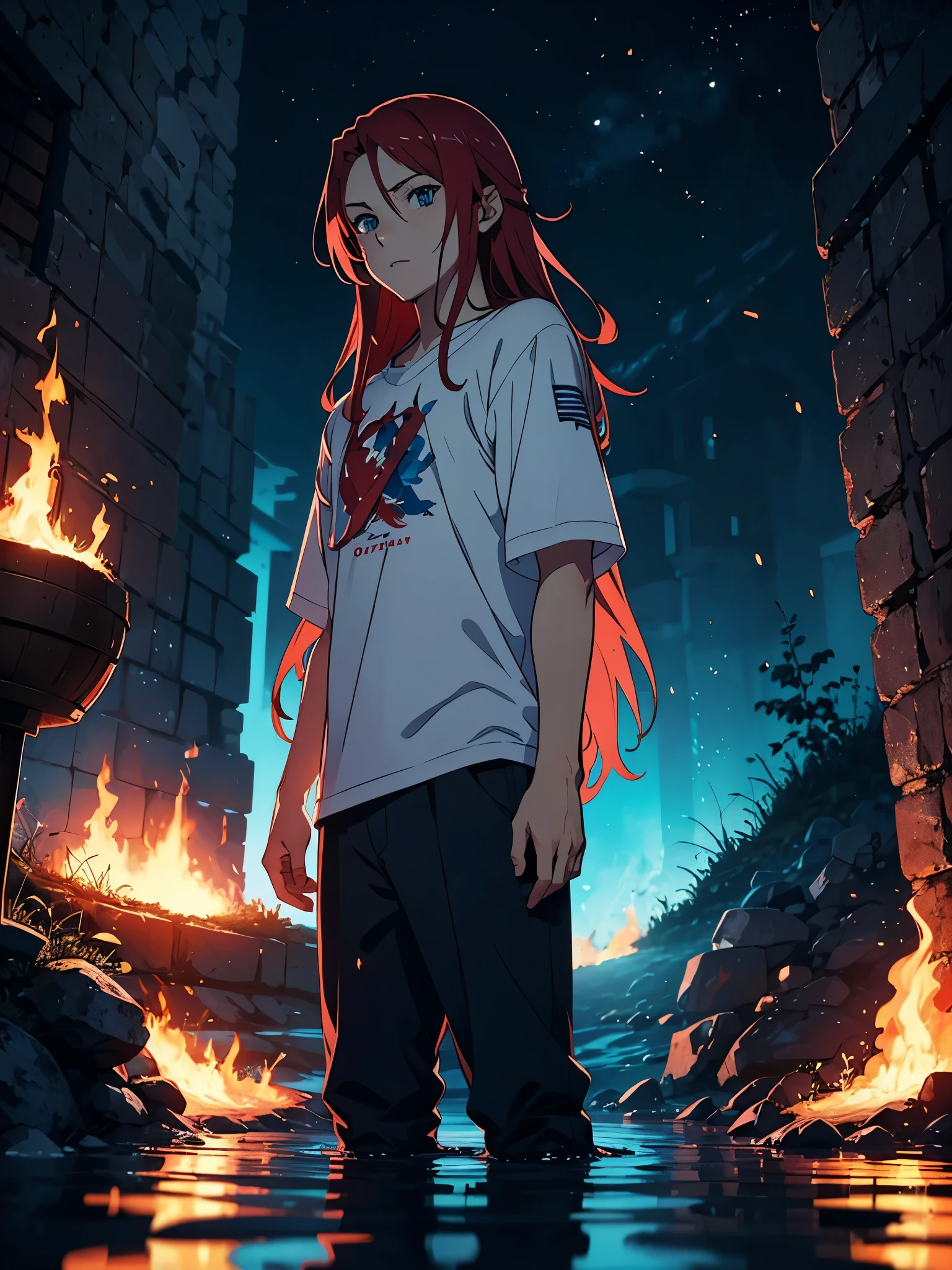 Standing in a blue lake. More anime. More 2D. Clean. More anime. 2d. Glow. Red hair. More anime. male. Long hair. long red hair. boy, vikings. red hair. Blue eyes. fire.