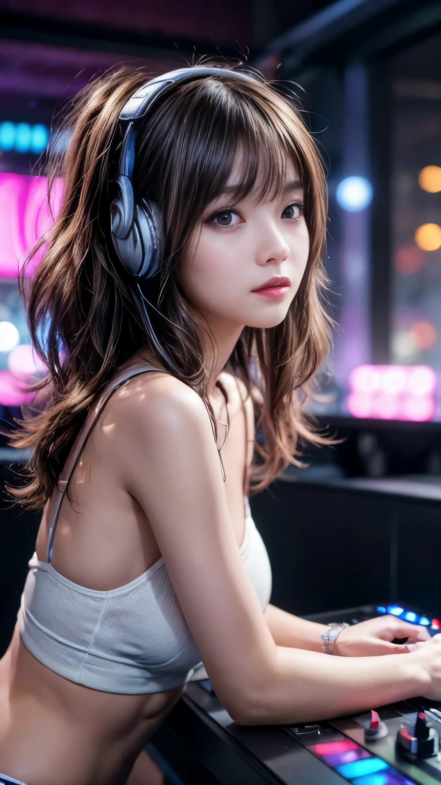 ((DJ girl at nightclub, Super popular DJ player, Enjoy operating DJ equipment:1.2)), (beautiful girl, Baby Face:1.5, Cute Face), Perfect Style,  ((Detailed eyes and face, Professional photography techniques, Cinema Lighting)), Fine hand, (Highest quality, 8k, masterpiece:1.2, RAW Photos), (reality:1.4), Displaying the viewer, Focus on the venue, Wear headphones, short hair, ((Wavy Hair)), (Stylish clothing)