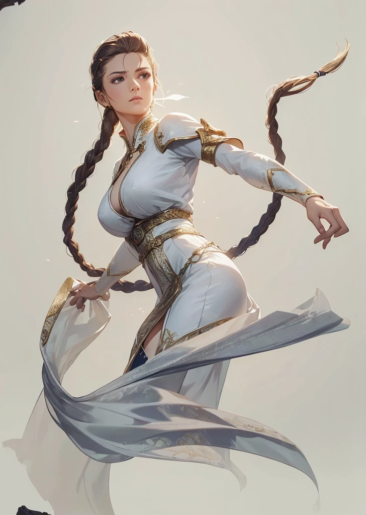 a woman with long braided hair, her hair with a sharp blade at the end, wearing white clothes with golden details, medieval rpg fantasy, heroic pose, (best quality,4k,8k,highres,masterpiece:1.2),ultra-detailed,(realistic,photorealistic,photo-realistic:1.37),intricate details,highly detailed facial features,detailed braided hair,detailed white dress with golden accents, medieval setting, cinematic lighting,dramatic shadows,warm color palette,heroic action pose, arena background 