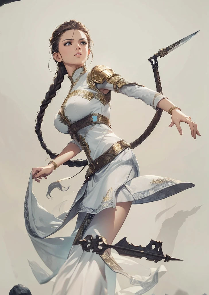 a woman with long braided hair, her hair with a sharp blade at the end, wearing white clothes with golden details, medieval rpg fantasy, heroic pose, (best quality,4k,8k,highres,masterpiece:1.2),ultra-detailed,(realistic,photorealistic,photo-realistic:1.37),intricate details,highly detailed facial features,detailed braided hair,detailed white dress with golden accents, medieval setting, cinematic lighting,dramatic shadows,warm color palette,heroic action pose, arena background 