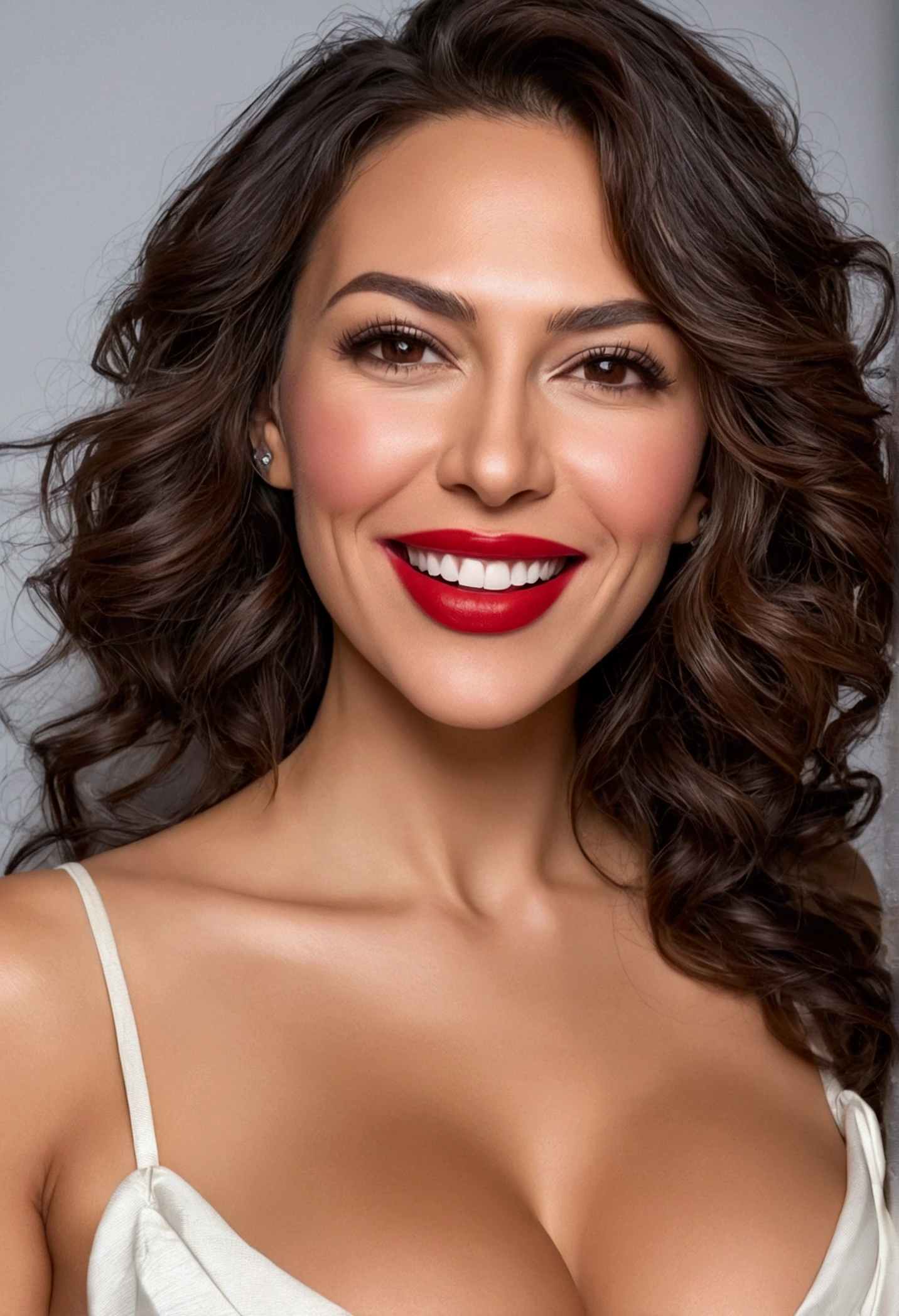 face close up Sexy woman35 years old with big breasts deep neckline long open dress with canvas claw clip messy hair DDD big chest super big breasts hyper realistic tanned skin,ultra HD,perfect smile snow white teeth,bright light lipstick 