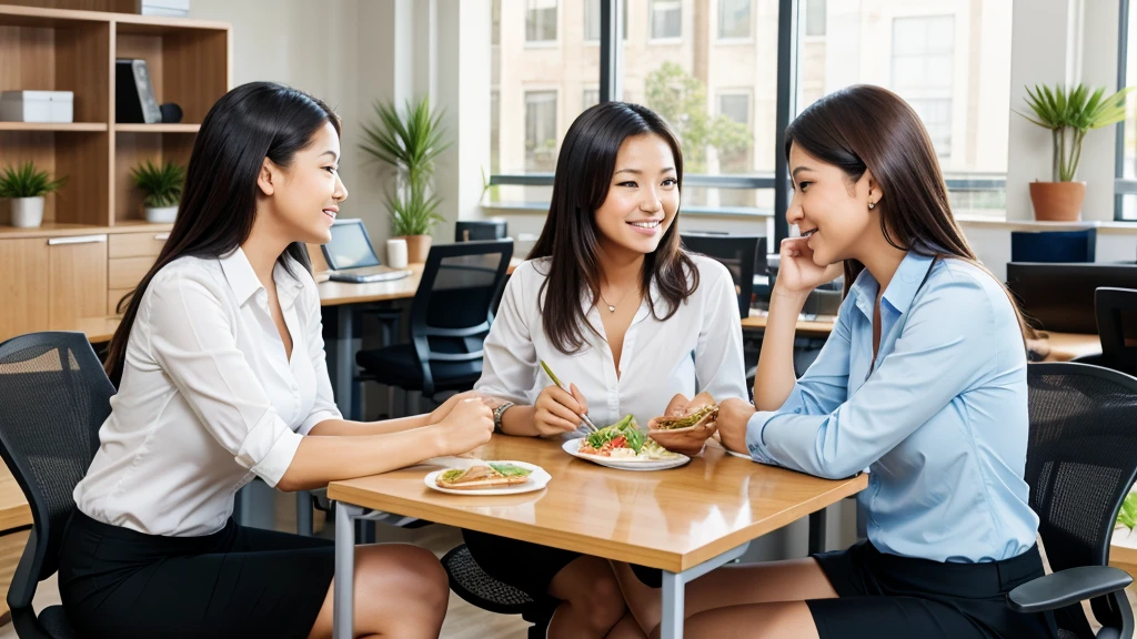 Office employees are sitting and talking enjoying their lunch