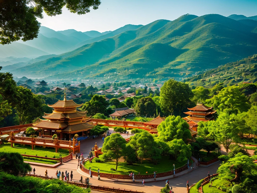 A scenic landscape of Doi Suthep, lush green forest, ornate golden temple, dramatic mountains, intricate architecture, serene atmosphere, warm sunlight, dynamic composition, vibrant colors, photorealistic rendering, detailed foliage, atmospheric lighting, ornate details, cinematic perspective, ethereal mood, exquisite craftsmanship, stunning vistas, tranquil ambiance, majestic peaks, ornate rooftops, peaceful serenity
