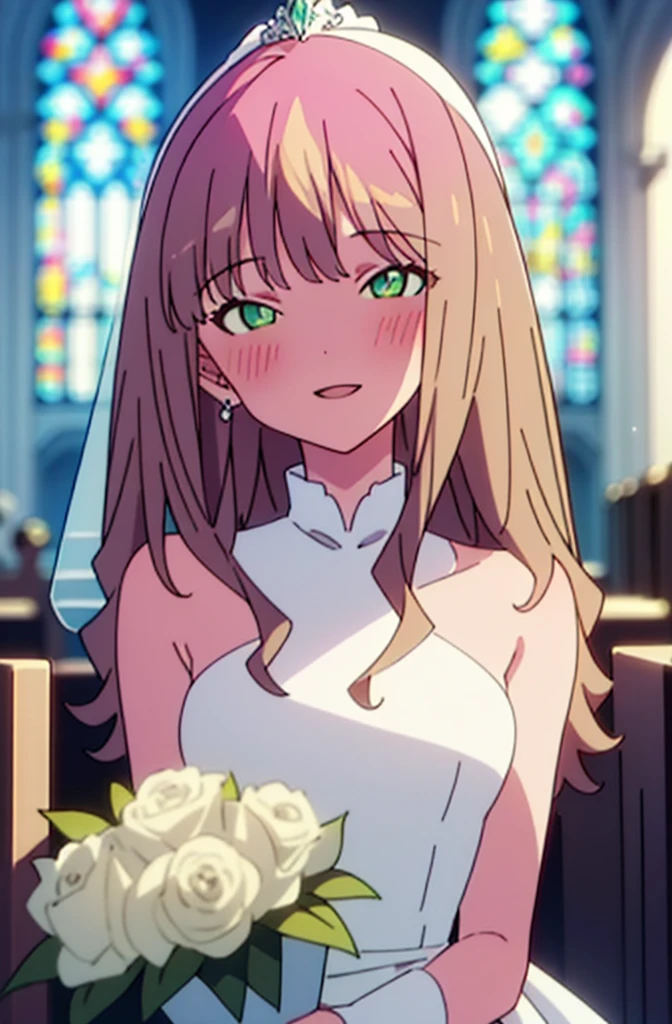 minami yume ,sss Dynazenon ,Long Hair, Brown Hair, (Green Eyes:1.5) ,blush,happy smile, smile, Open your mouth,Wedding dress,Veil,bouquet,
break looking at viewer, Upper Body,(Cowboy Shot:1. 5) break indoors, Chapel,church, break (masterpiece:1.2), Highest quality, High resolution, unity 8k wallpaper, (shape:0.8), (Beautiful attention to detail:1.6), Highly detailed face, Perfect lighting, Highly detailed CG, (Perfect hands, Perfect Anatomy),