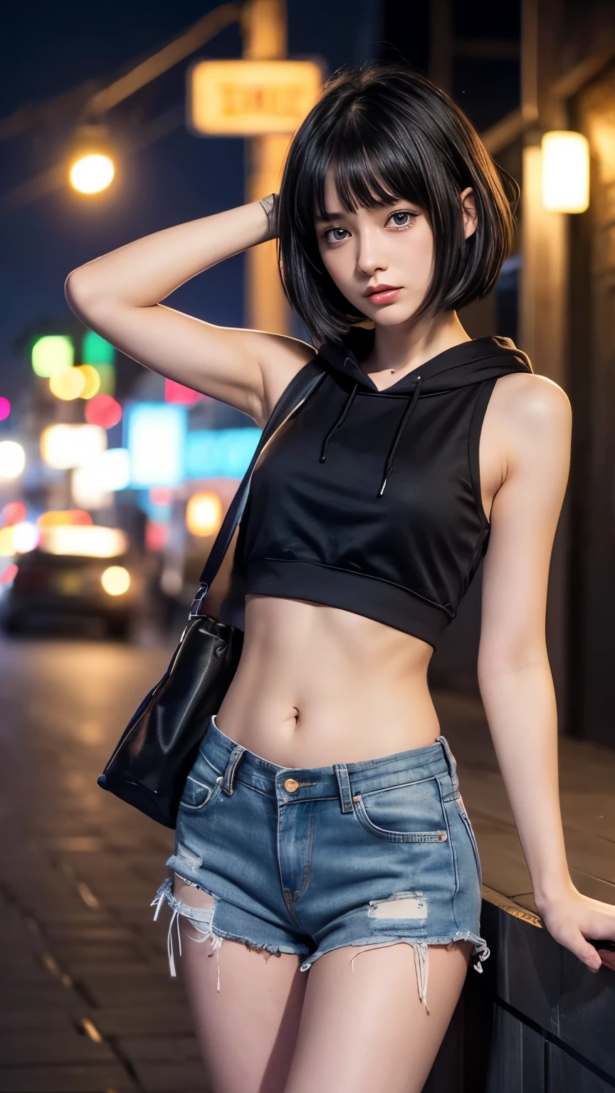 High resolution、1 female、girl、Black Hair、short hair、Slanted Eyes、blue eyes、thin、hoodie、fur、Tank top、Shorts、belly button、Tattoo stickers、Night view