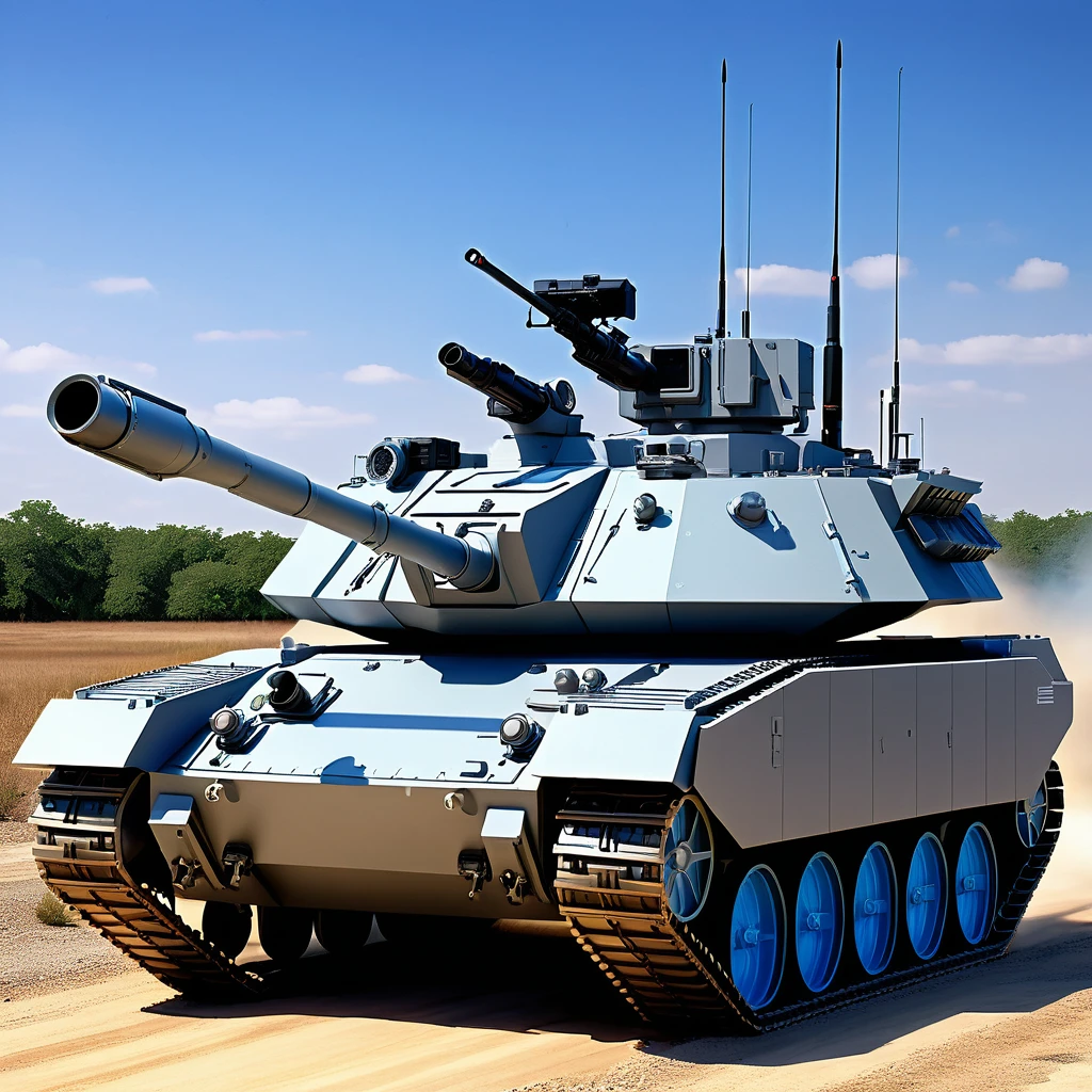 a highly detailed, photorealistic 3d cg concept art of a stylish futuristic tank on display in a manufacturer's showroom, a little smaller than a modern tank, with a low overall height and an unmanned turret giving it a sleek wedge-shaped design, equipped with a 130mm smoothbore cannon, a remote-controlled heavy machine gun on the turret, missile interceptors and radars, compactly packed with a Gatling gun linked to the missile interception system installed on the top of the turret, painted in a grey color with stylish sky blue patterns and the manufacturer's logo, running on tracks with rubber pads, the side skirts have a stylish corrugated design covering the idler wheels, stylish signs and advertising monitors in the showroom, showcasing the texture and beauty of a brand new tank in an oblique camera angle, (best quality,4k,8k,highres,masterpiece:1.5),ultra-detailed,ultra-fine painting,physically-based rendering,cinema lighting,super fine view