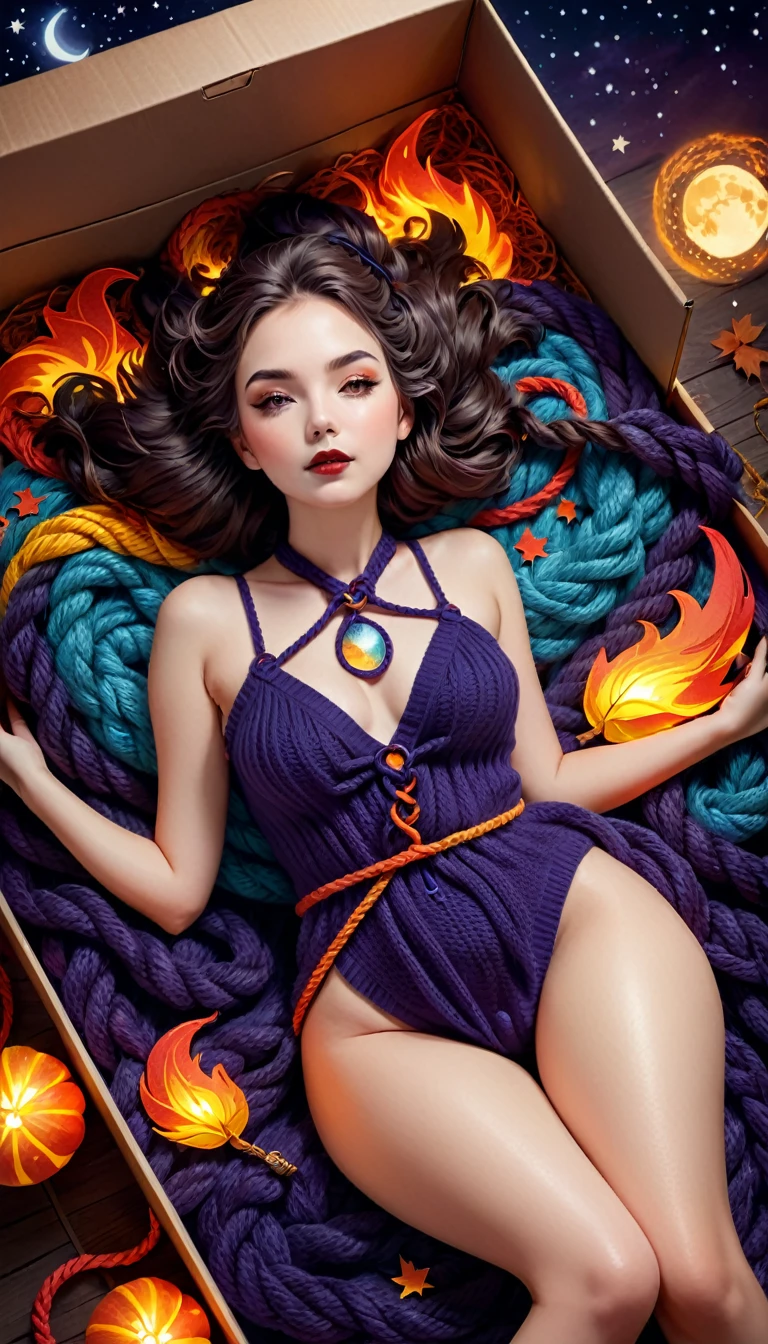 Most beautiful attractive lady knitted, colorful rope wrapped, fashion ,, paper-cut art style , cosplay, nighties, , photorealistic theme , lovely face, perfect body, dark lips, , flaming, WLOP, breathtaking, hot summer time,,, breathtaking, calm night , laying inside magic box , autumn background, high top view, moon